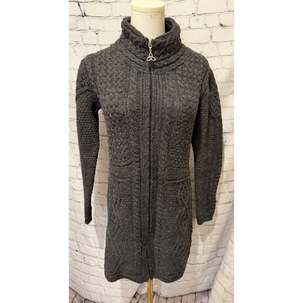 Aran Mor Sweater Cardigan Thick Cable Knit Fisherman Merino Wool Made Ireland M